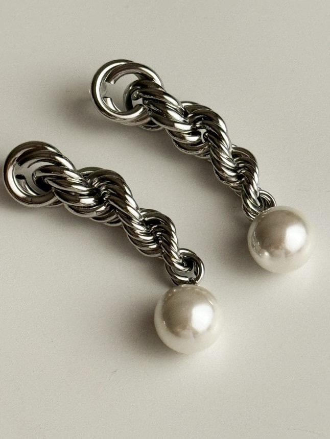 Özel Kaplama Gümüş Renk İncili Uzun Luvaj Küpe (8.5 Cm)