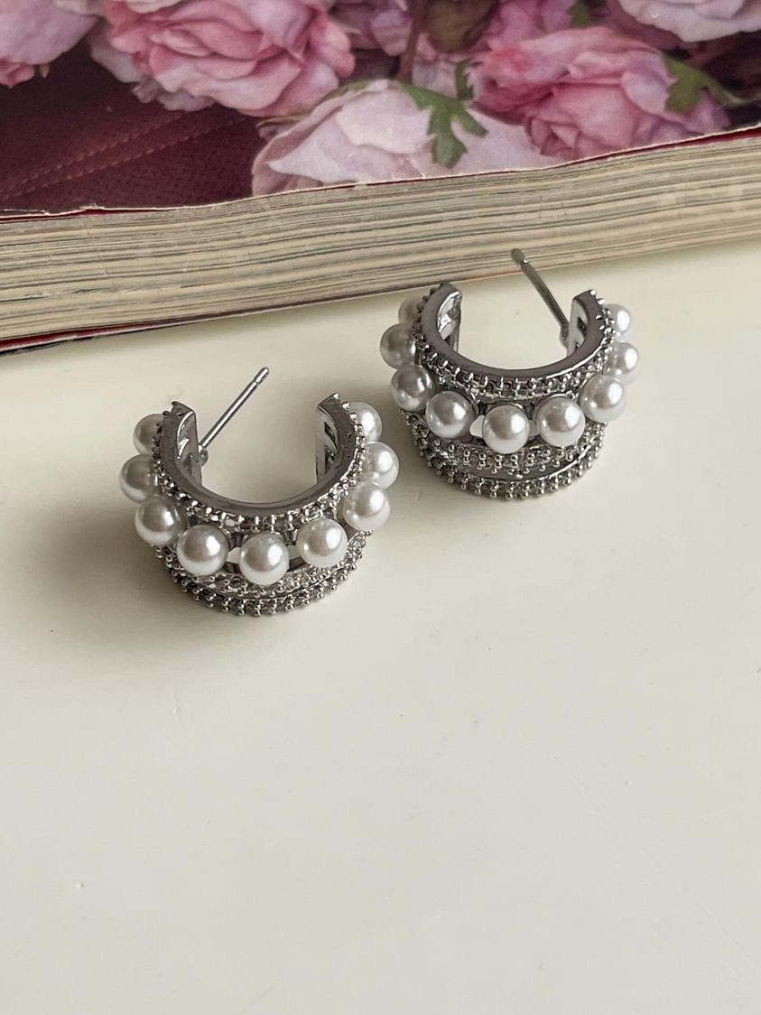 Özel Kaplama Gümüş Renk İncili Zirkon Taşlı Vip Küpe (1.90 Cm)