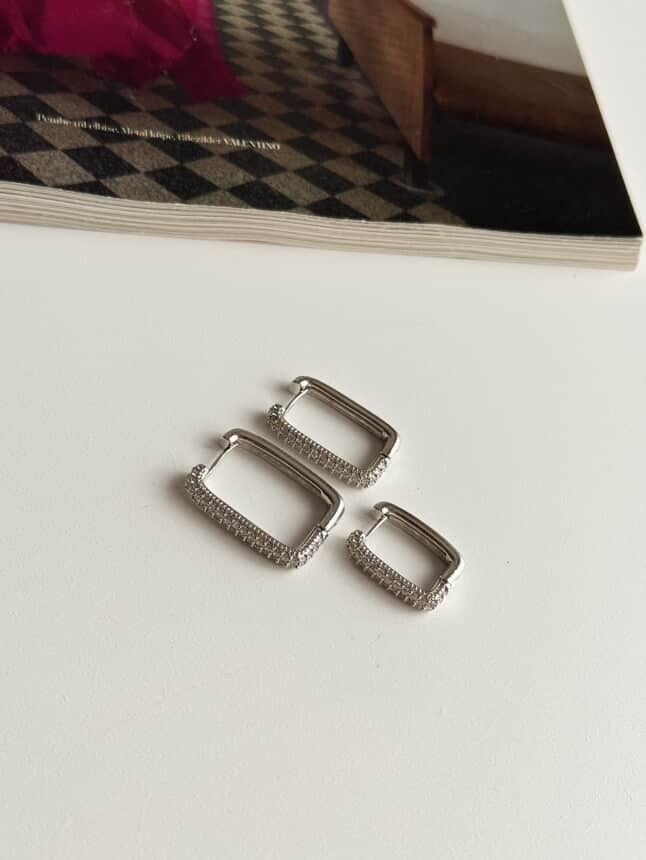 Özel Kaplama Gümüş Zirkon Taşlı Üçlü Kare Vip Küpe (2 Cm)