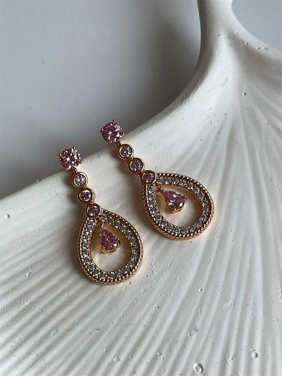 Özel Kaplama Xuping Pembe Pırlanta Montür Taşlı Küpe (3.29 Cm)