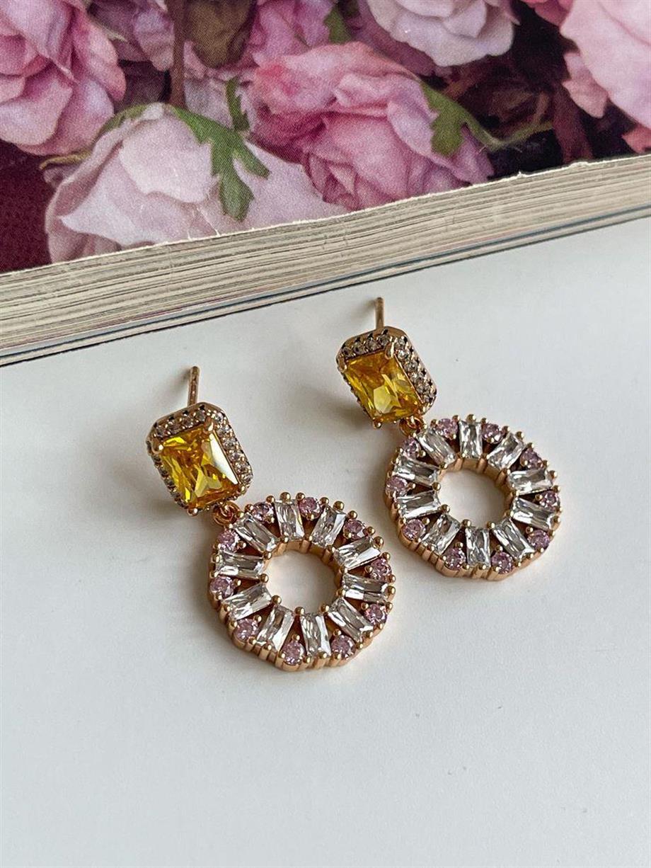 Özel Kaplama Xuping Sarı Pembe Pırlanta Montür Taşlı Küpe (2.5 Cm)