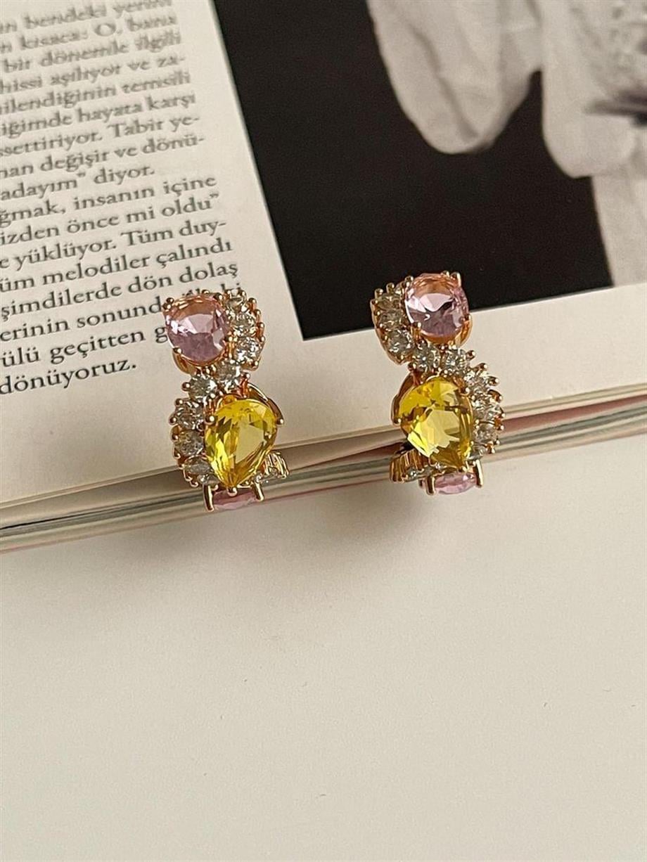 Özel Kaplama Xuping Sarı Pembe Taşlı Küpe (2 Cm)