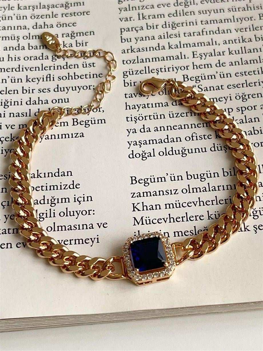 Özel Mikro Altın Kaplama Lacivert Taşlı Vip Bileklik (21 Cm)