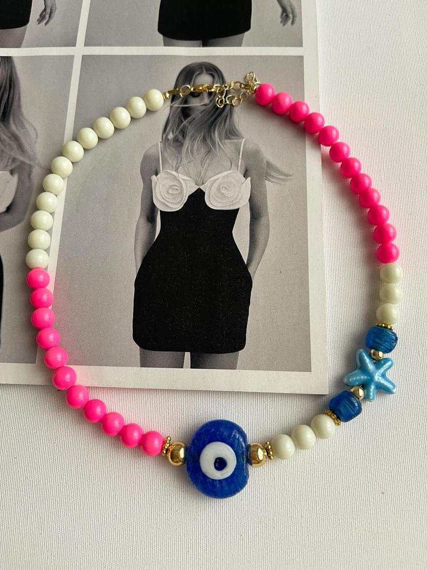 Pembe Beyaz Cam Nazar Boncuklu Summer Kolye (44 Cm)