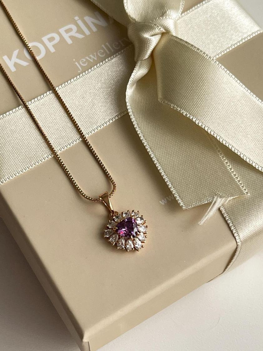 Xuping Gold Renk Kalpli Mor Taşlı Vip Minimal Kolye (44 Cm)
