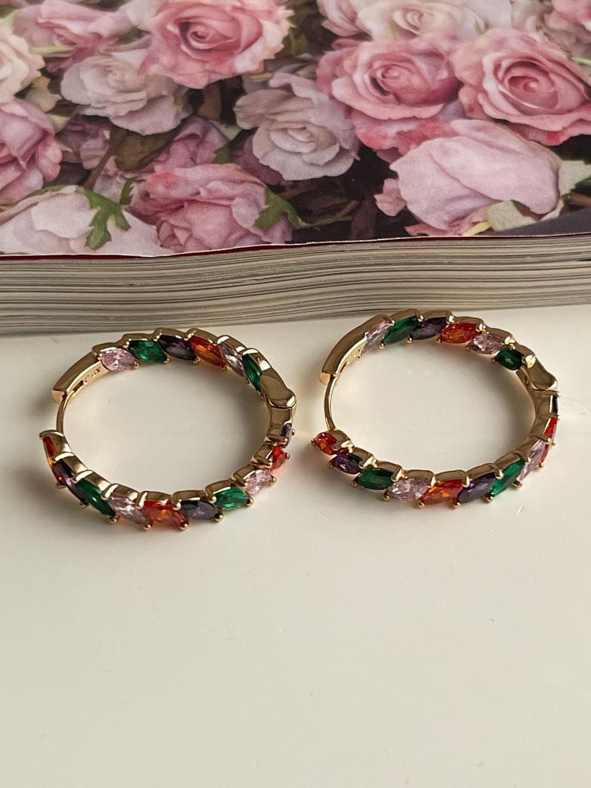 Xuping Gold Renkli Baget Taşlı Luna Halka Küpe (3 Cm)