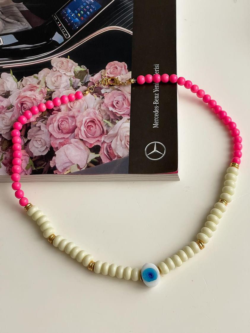 Beyaz Fuşya Nazar Boncuklu Summer Kolye (46 Cm)