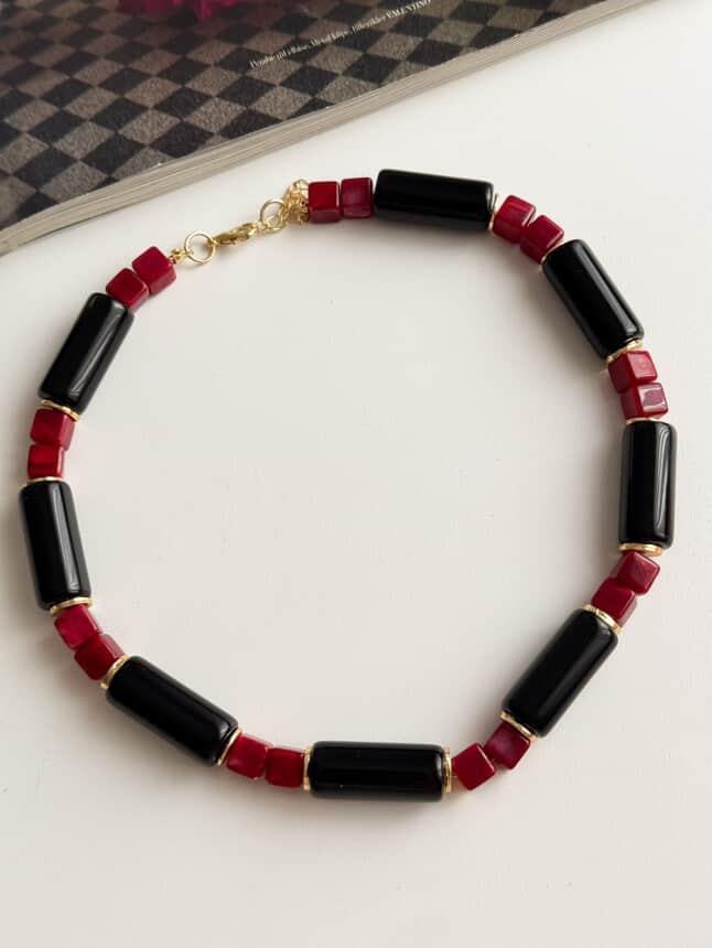 Bordo Siyah Kombinli Uzun Boncuk Kolye (46 Cm)