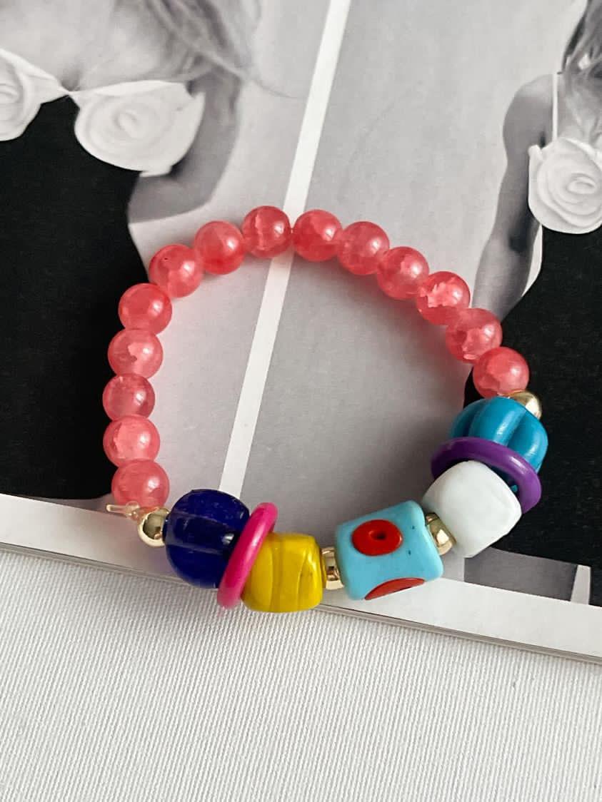 Cam Nazar Boncuklu Gül Kurusu Lastikli Summer Bileklik 