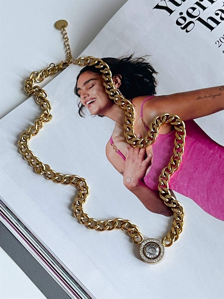 Çelik Baget Taş Uçlu Kolye (46 Cm)