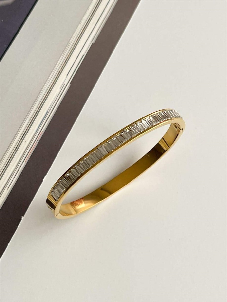 Çelik Baget Taşlı Kelepçe Bileklik (6.5 Cm)