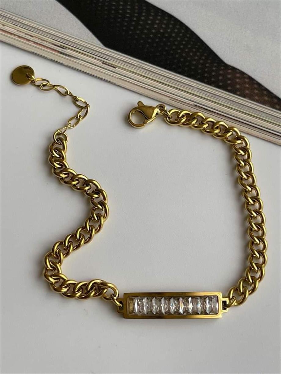 Çelik Baget Taşlı Künye Bileklik (21 Cm)
