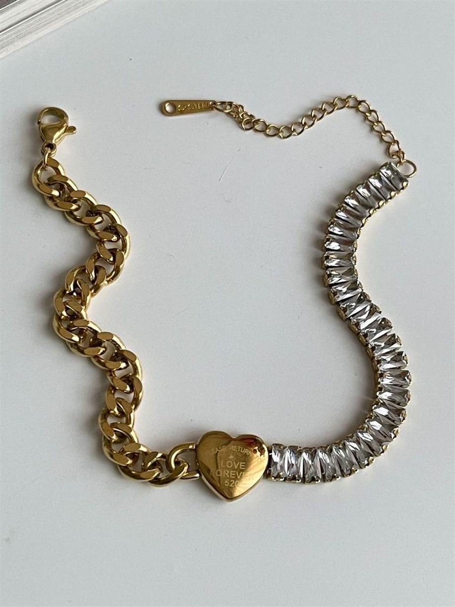 Çelik Baget Taşlı Love Kalpli Bileklik (24 Cm)