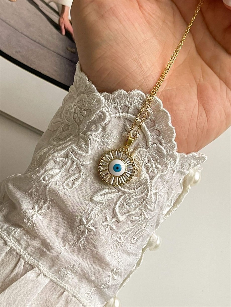 Çelik Baget Taşlı Nazar Boncuklu Kolye (45 Cm)