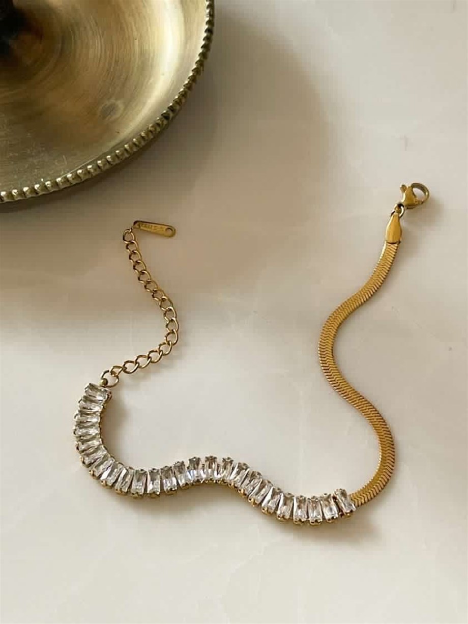 Çelik Baget Taşlı Yarısı İtalyan Zincir Lena Bileklik (23 Cm)