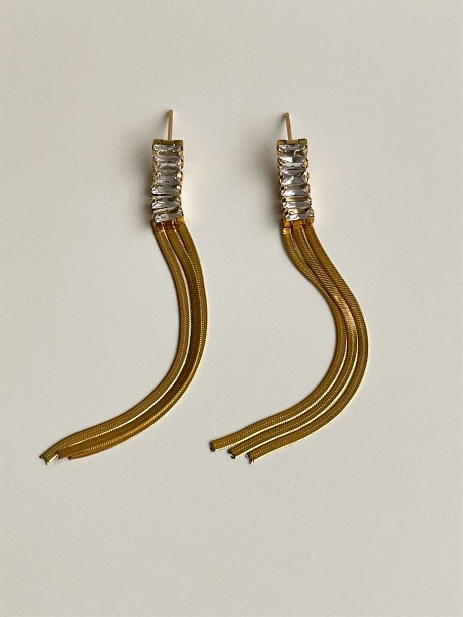 Çelik Baget Taşlı Zincirli Valeria Küpe (7 Cm)