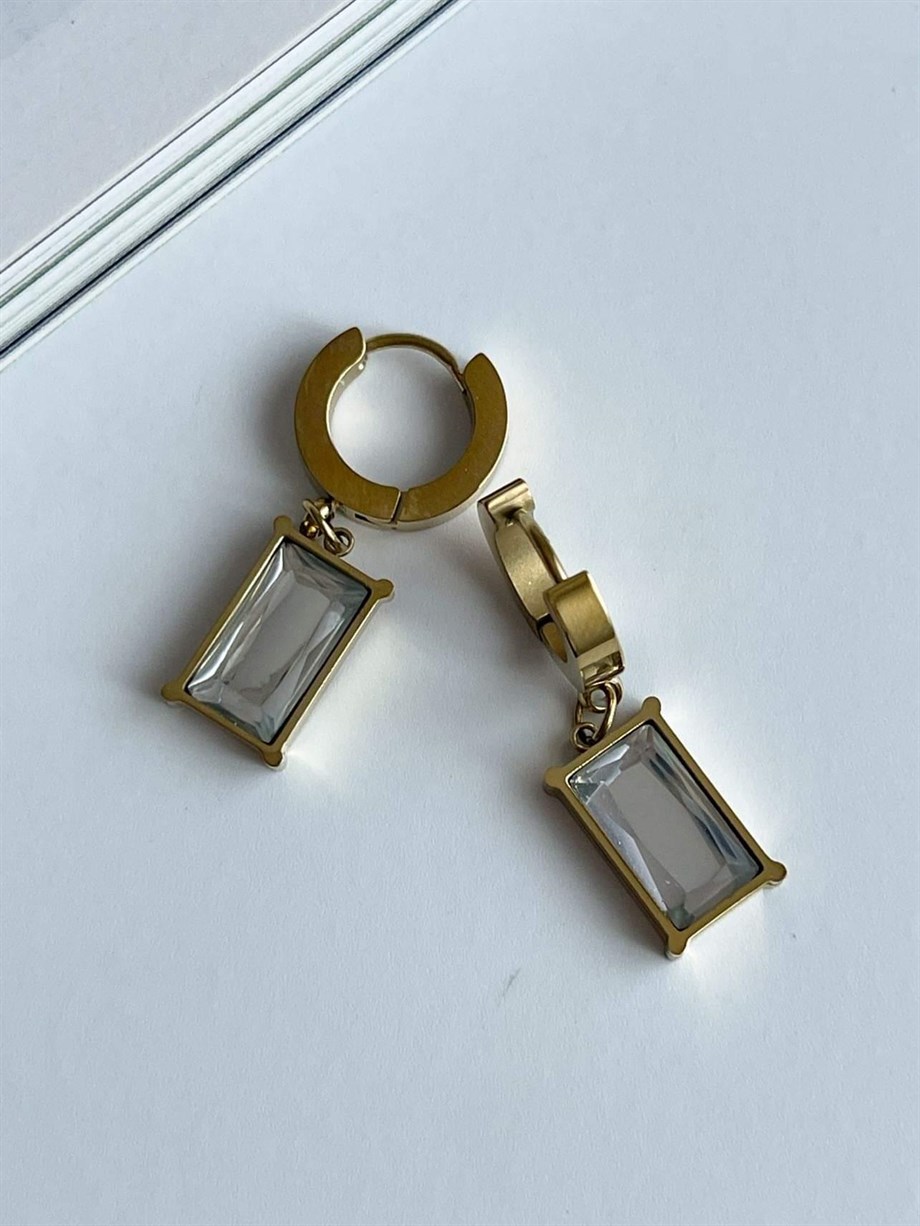 Çelik Beyaz Baget Taşlı Küpe (3 Cm)