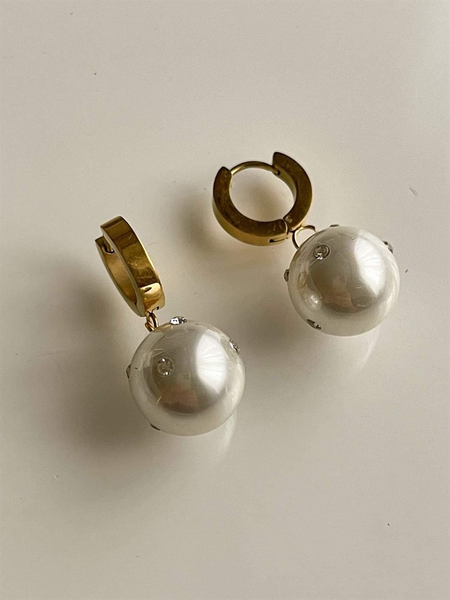 Çelik Beyaz İncili Taşlı Küpe (3 Cm)