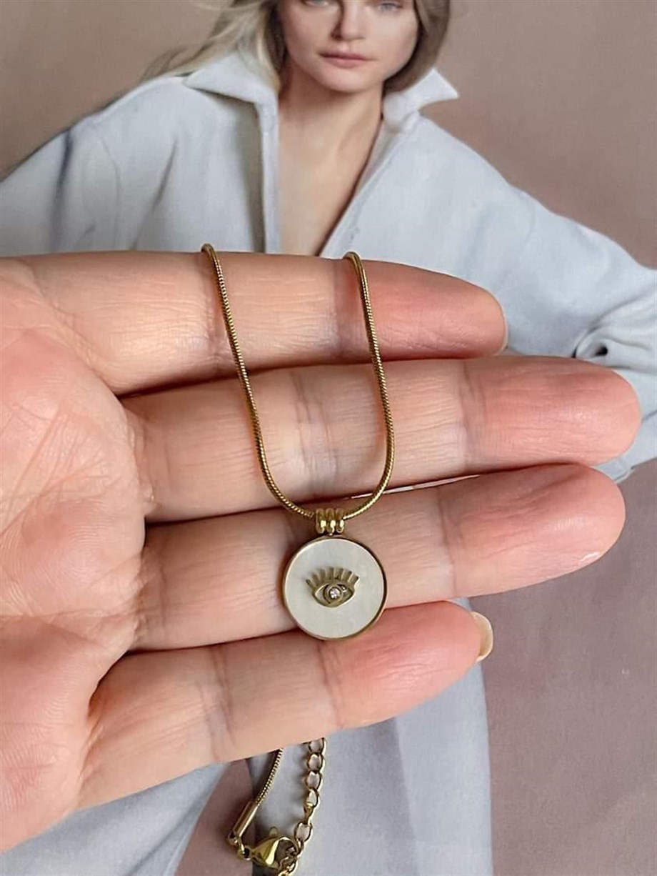 Çelik Beyaz Sedefli Gözlü Kolye (45 Cm)