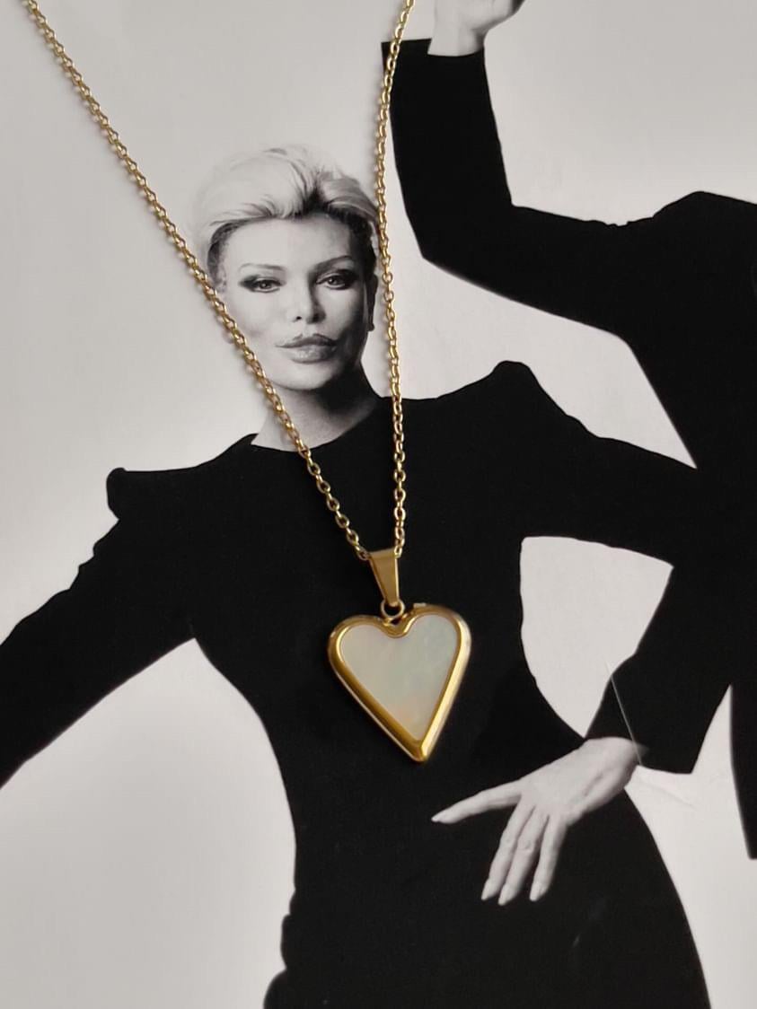 Çelik Beyaz Sedefli Kalp Kolye (46 Cm)