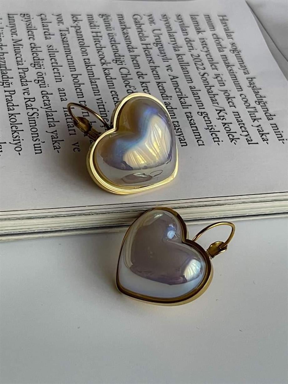 Çelik Beyaz Sedefli Kalp Küpe (2.5 Cm)