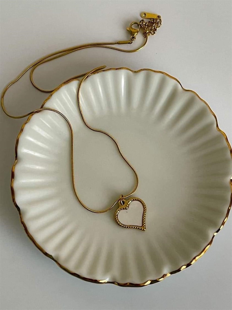 Çelik Beyaz Sedefli Kalpli Minimal Kolye (46 Cm)