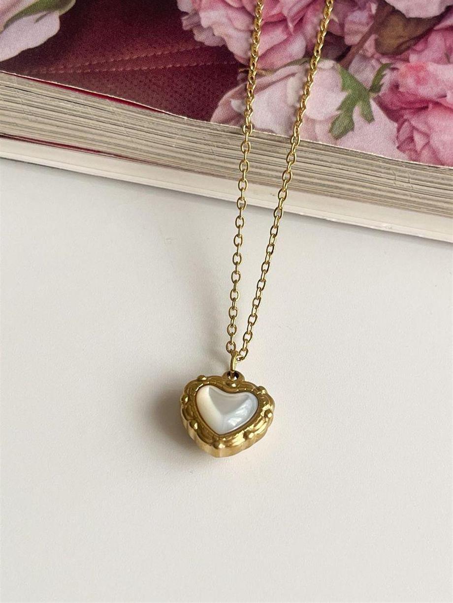 Çelik Beyaz Sedefli Kalpli Minimal Vintage Kolye (45 Cm)