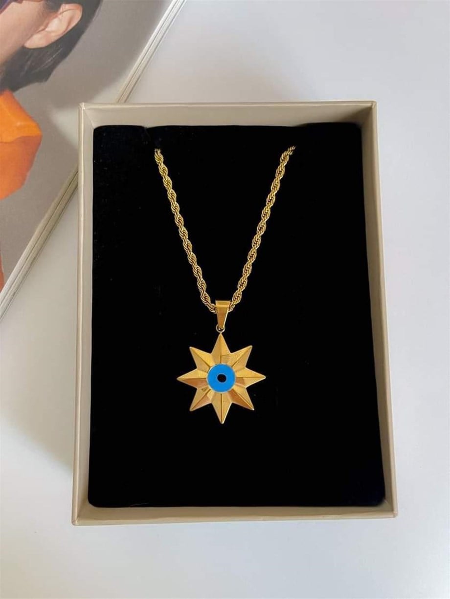 Çelik Burgu Halat Zincir Yıldız Nazar  Boncuklu Kolye (42 Cm)