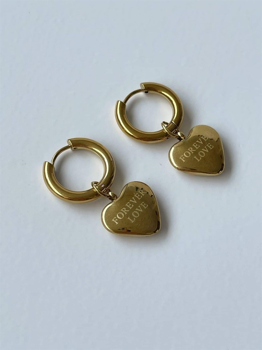 Çelik Forever Love Yazılı Kalp Küpe (3.10 Cm)