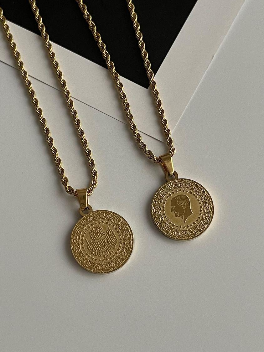 Çelik Gold Atatürk Madalyon Uçlu Burgu Halat Kolye (45 Cm)