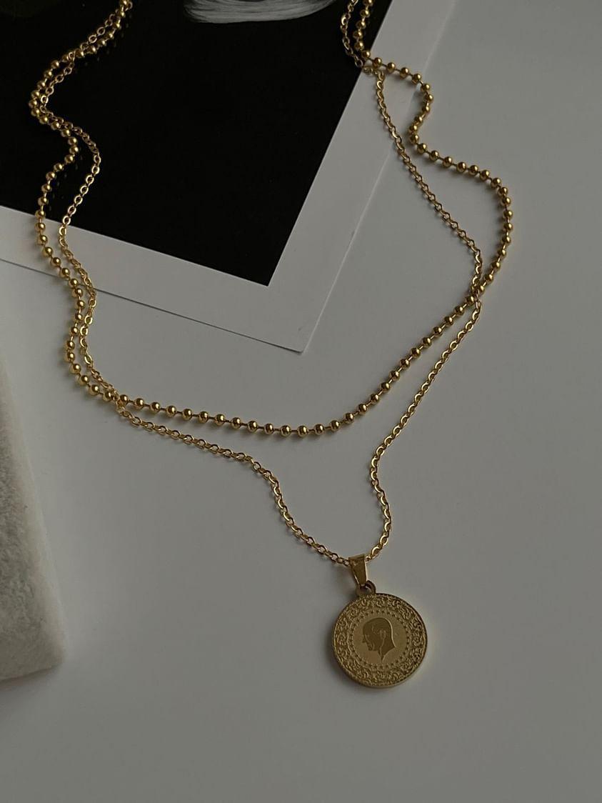 Çelik Gold Atatürk Madalyon Üçlü Topçuklu İkili Birleşik Kombin Kolye (46 Cm)