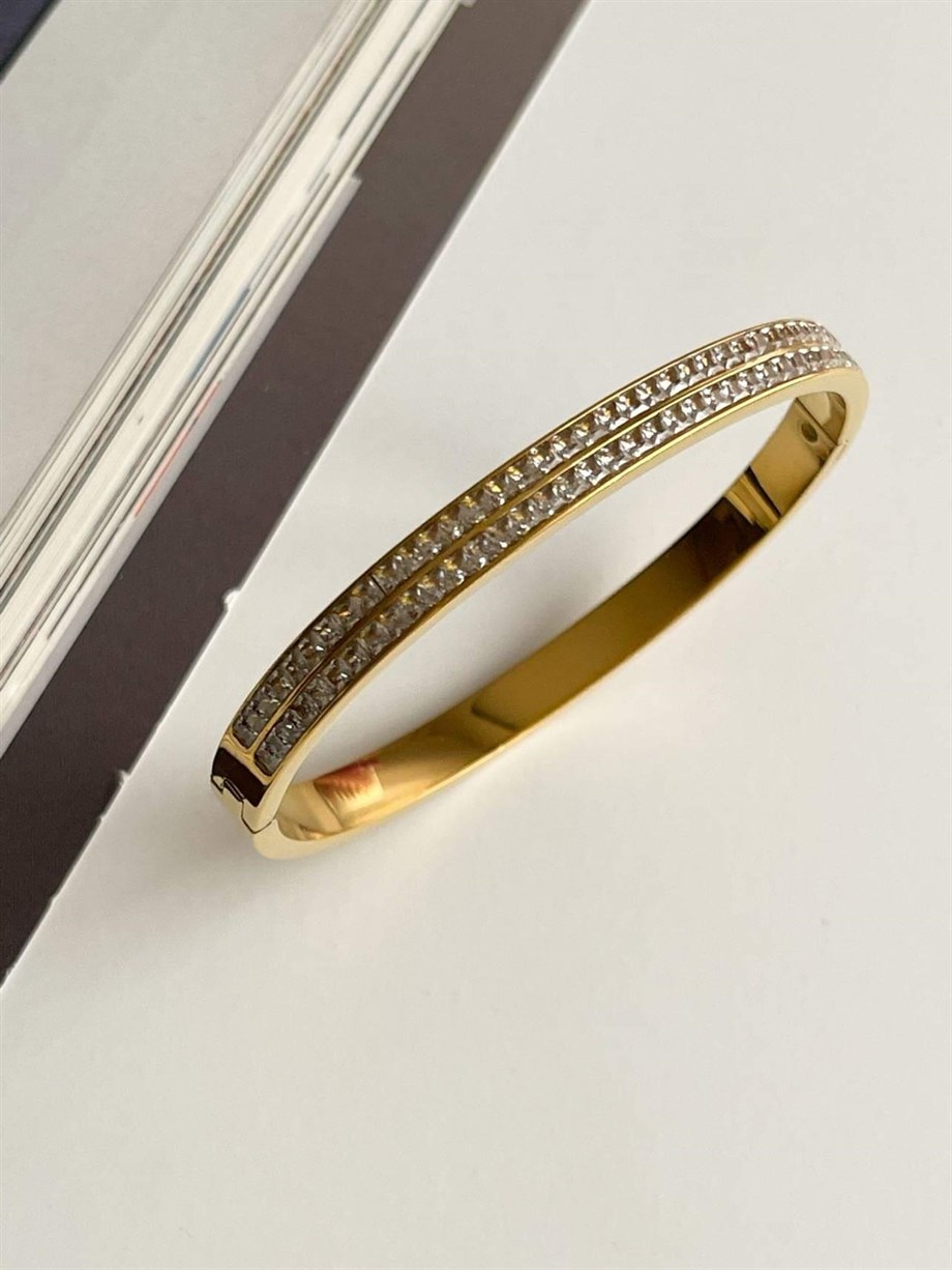 Çelik Gold Baget Taşlı Kelepçe Bileklik (6.5 Cm)