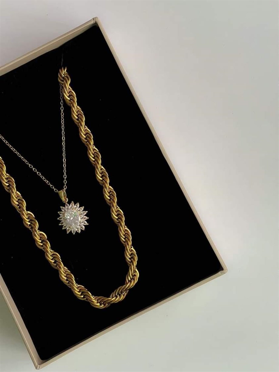 Çelik Gold Baget Taşlı Minimal Kolye (45 Cm)