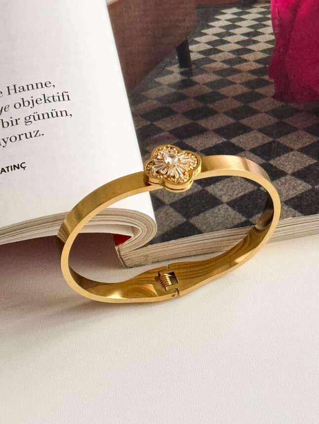 Çelik Gold Baget Taşlı One Cleef Kelepçe Bilezik 