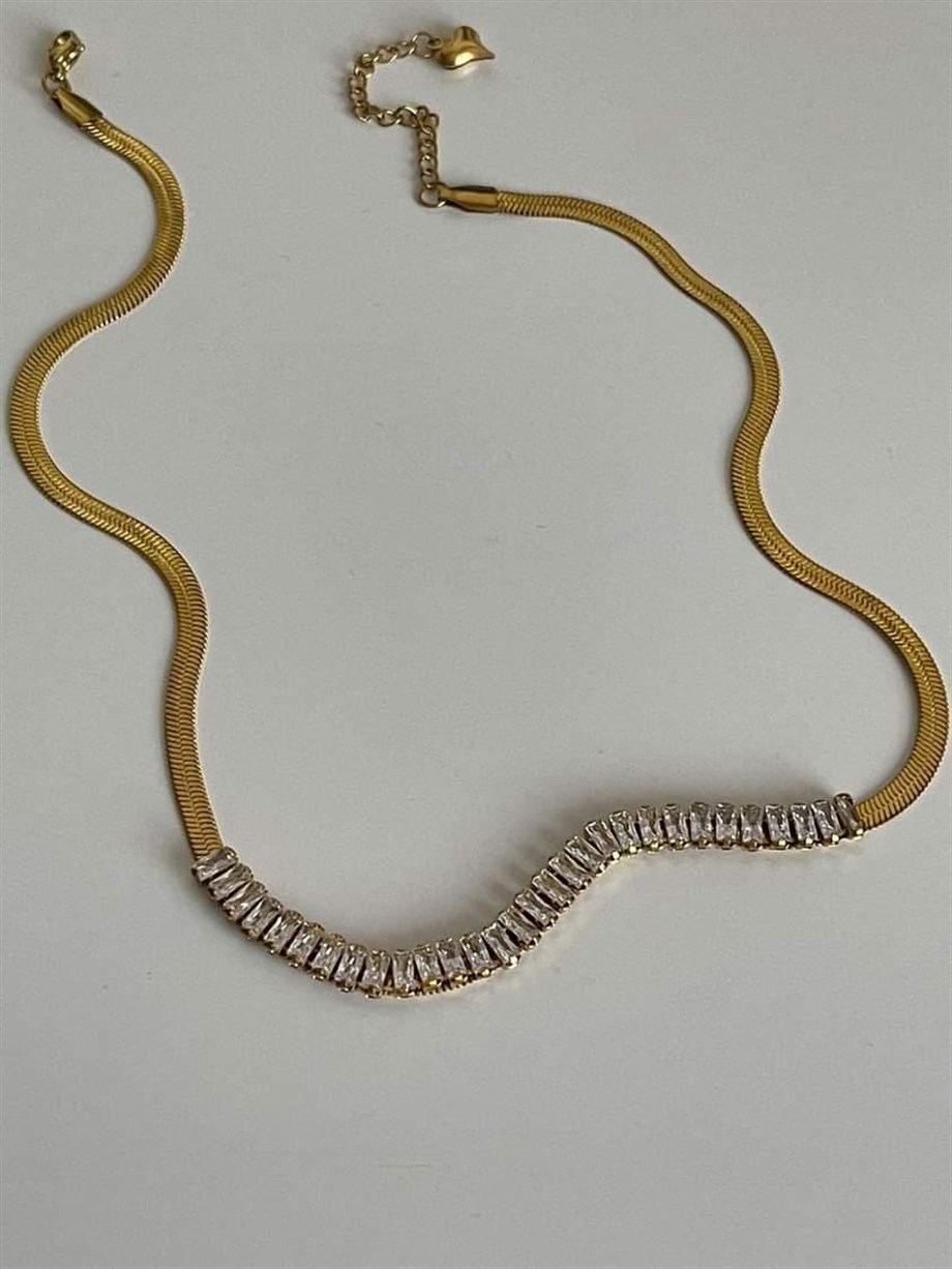 Çelik Gold Beyaz Baget Taşlı İtalyan Zincir Kolye (47 Cm)