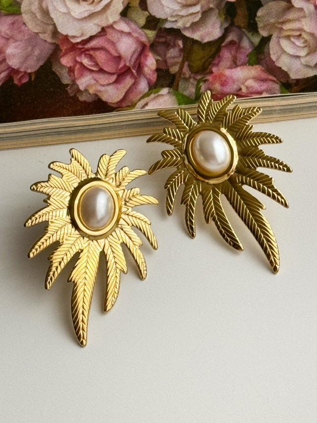 Çelik Gold Beyaz İncili Küpe (4 Cm)