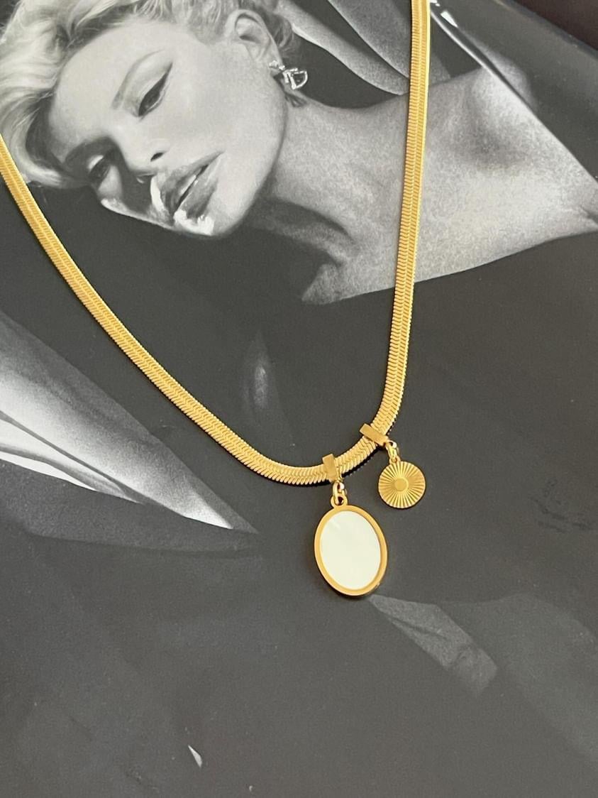 Çelik Gold Beyaz Oval Sedefli İtalyan Zincir Kolye (52 Cm)
