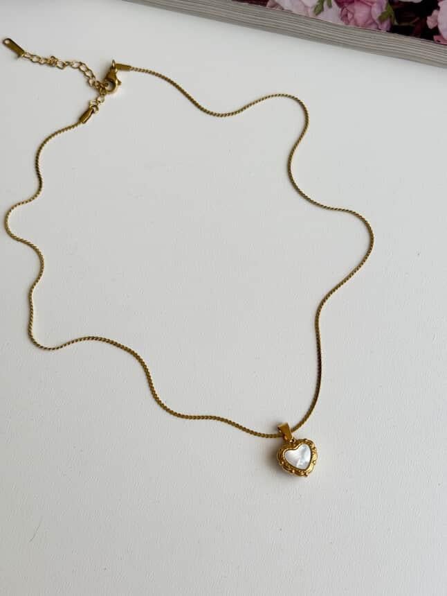 Çelik Gold Beyaz Sedefli Kalp Kolye (46 Cm)