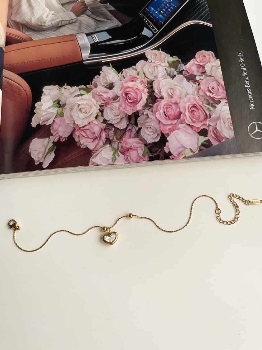 Çelik Gold Beyaz Sedefli Kalpli Halhal (27 Cm)