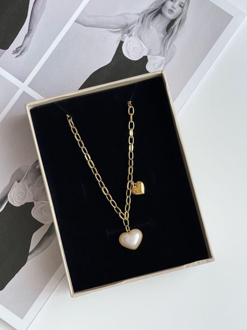 Çelik Gold Beyaz Sedefli Kalpli Kolye (46 Cm)