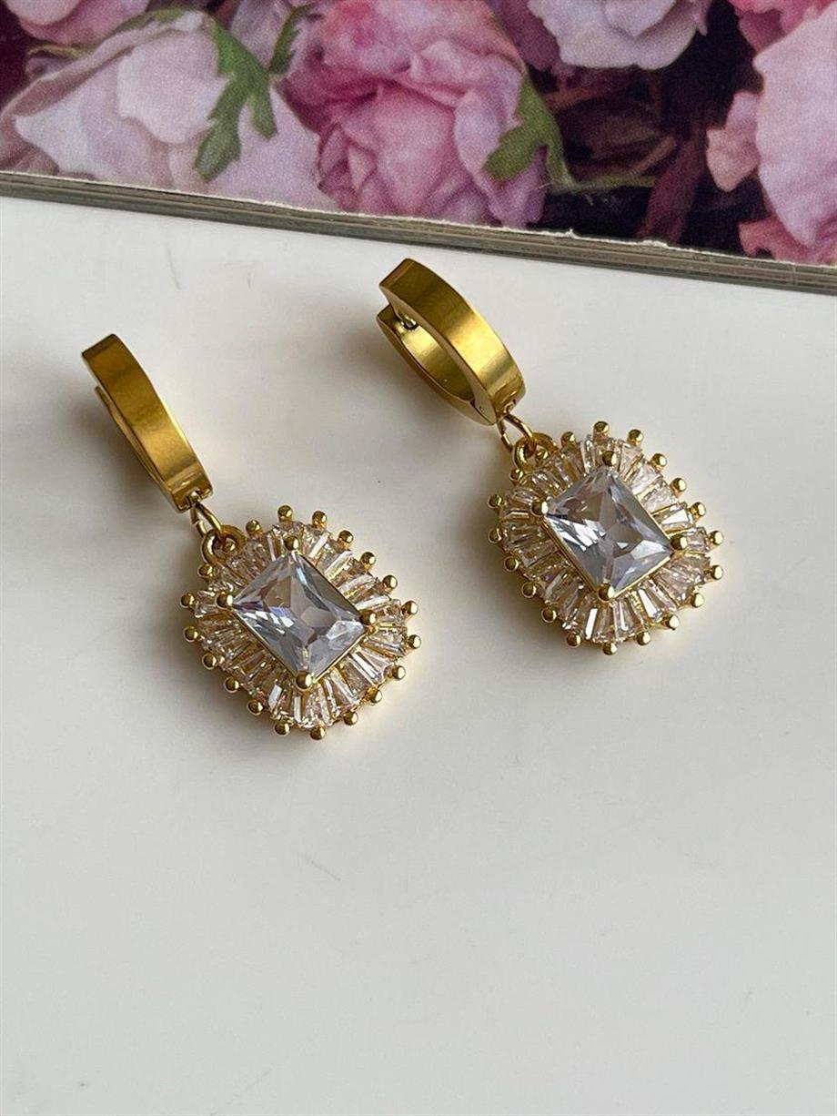 Çelik Gold Beyaz Taşlı Hera Küpe (3 Cm)