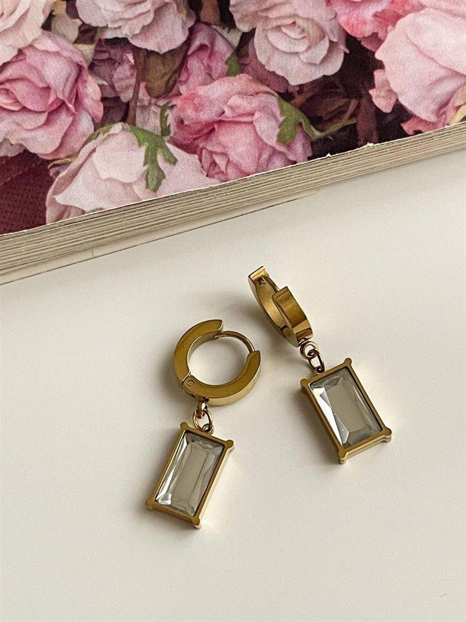 Çelik Gold Beyaz Taşlı Kare Küpe (3 Cm)