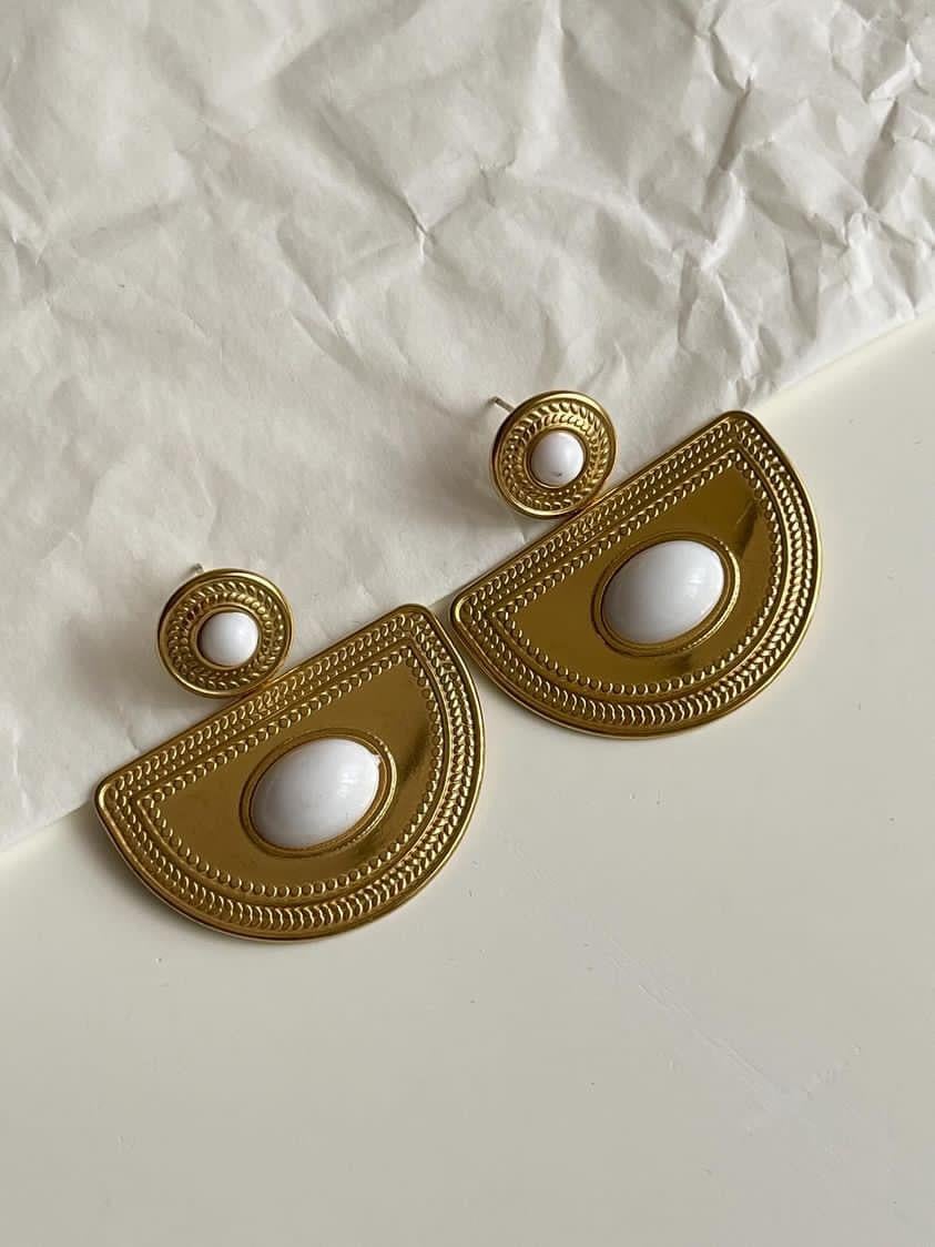Çelik Gold Beyaz Taşlı Küpe (4 Cm)
