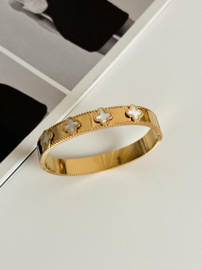 Çelik Gold Beyaz Taşlı One Cleff Kelepçe Bileklik 