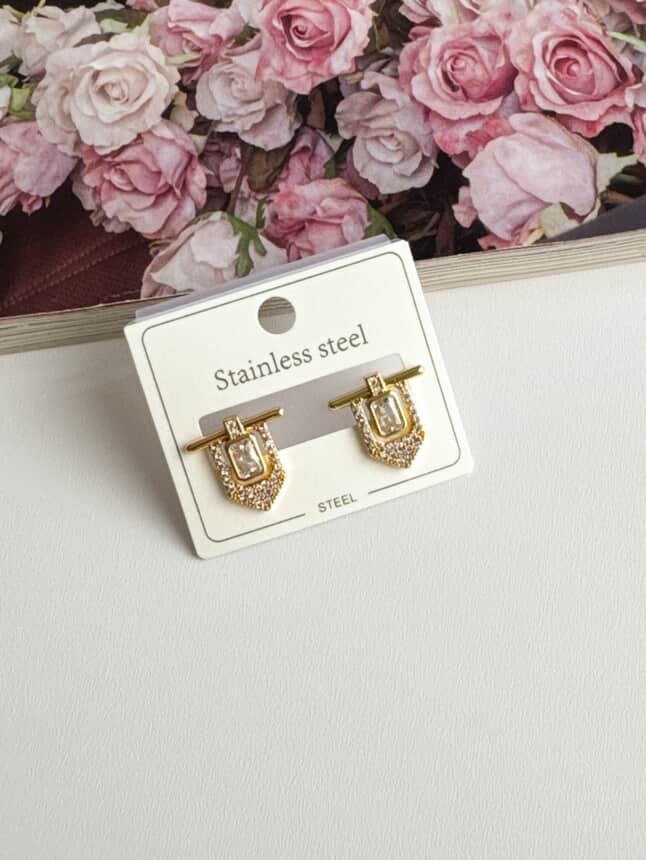 Çelik Gold Beyaz Taşlı Serenay Küpe (1.5 Cm)