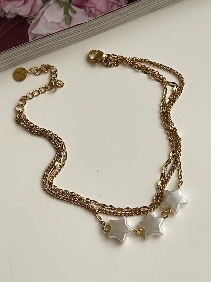 Çelik Gold Beyaz Yılldızlı Üçlü Birleşik Kombin Bileklik (27 Cm)