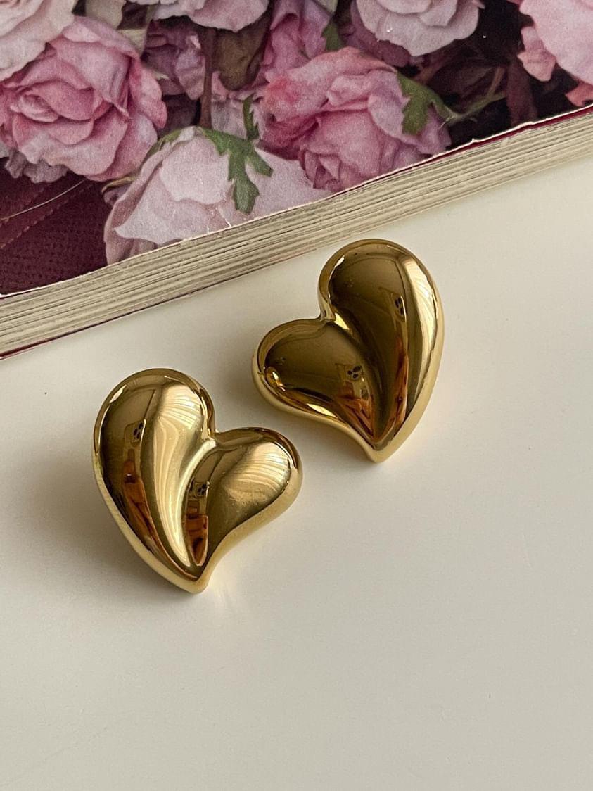 Çelik Gold Bombeli Etli Kalp Küpe (2 Cm)