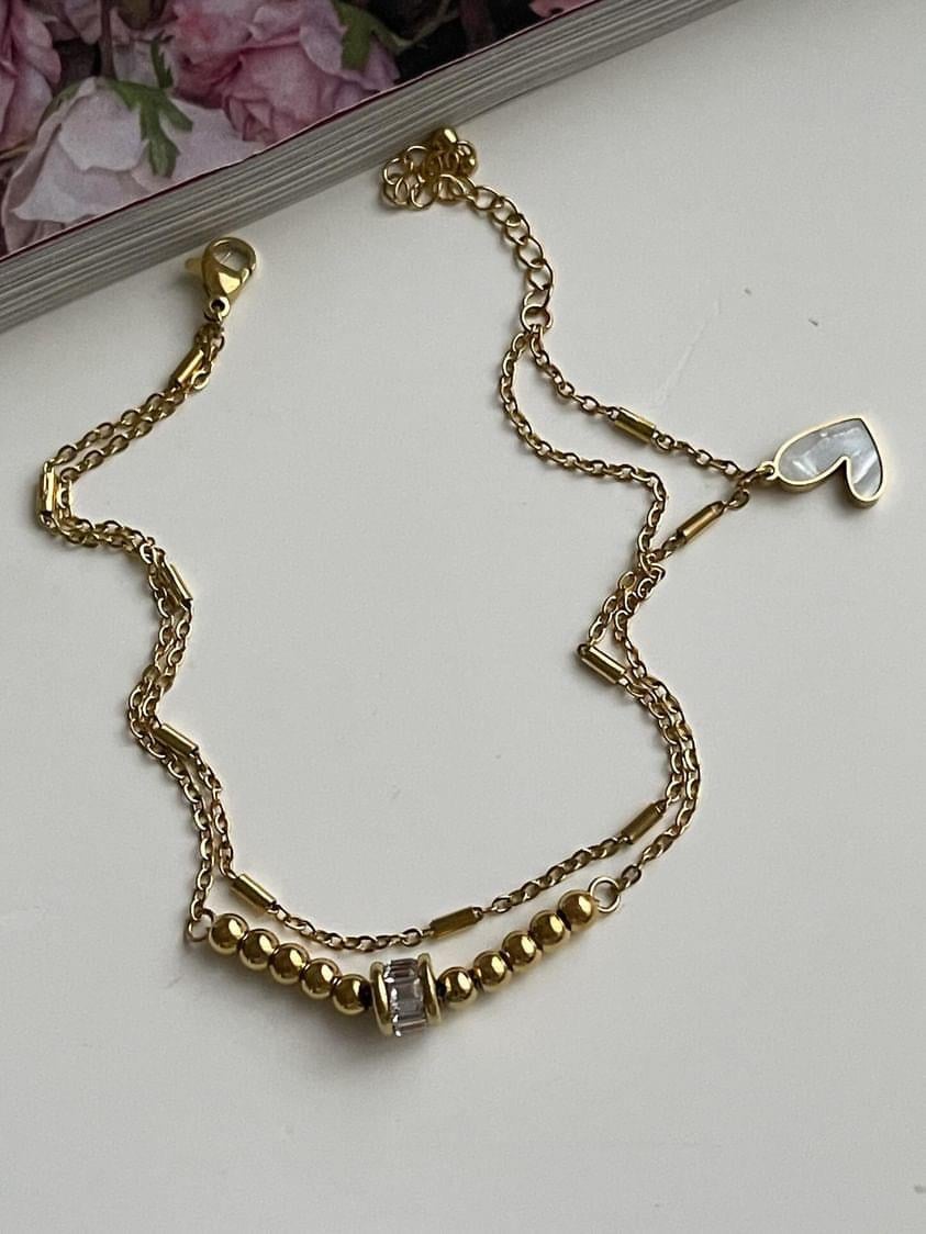 Çelik Gold Boncuklu İkili Birleşik Kombin Halhal (27 Cm)
