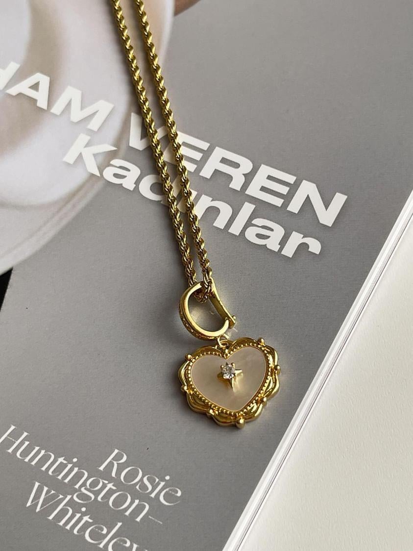Çelik Gold Burgu Halat Beyaz Sedefli Kalp Kolye (49 Cm)