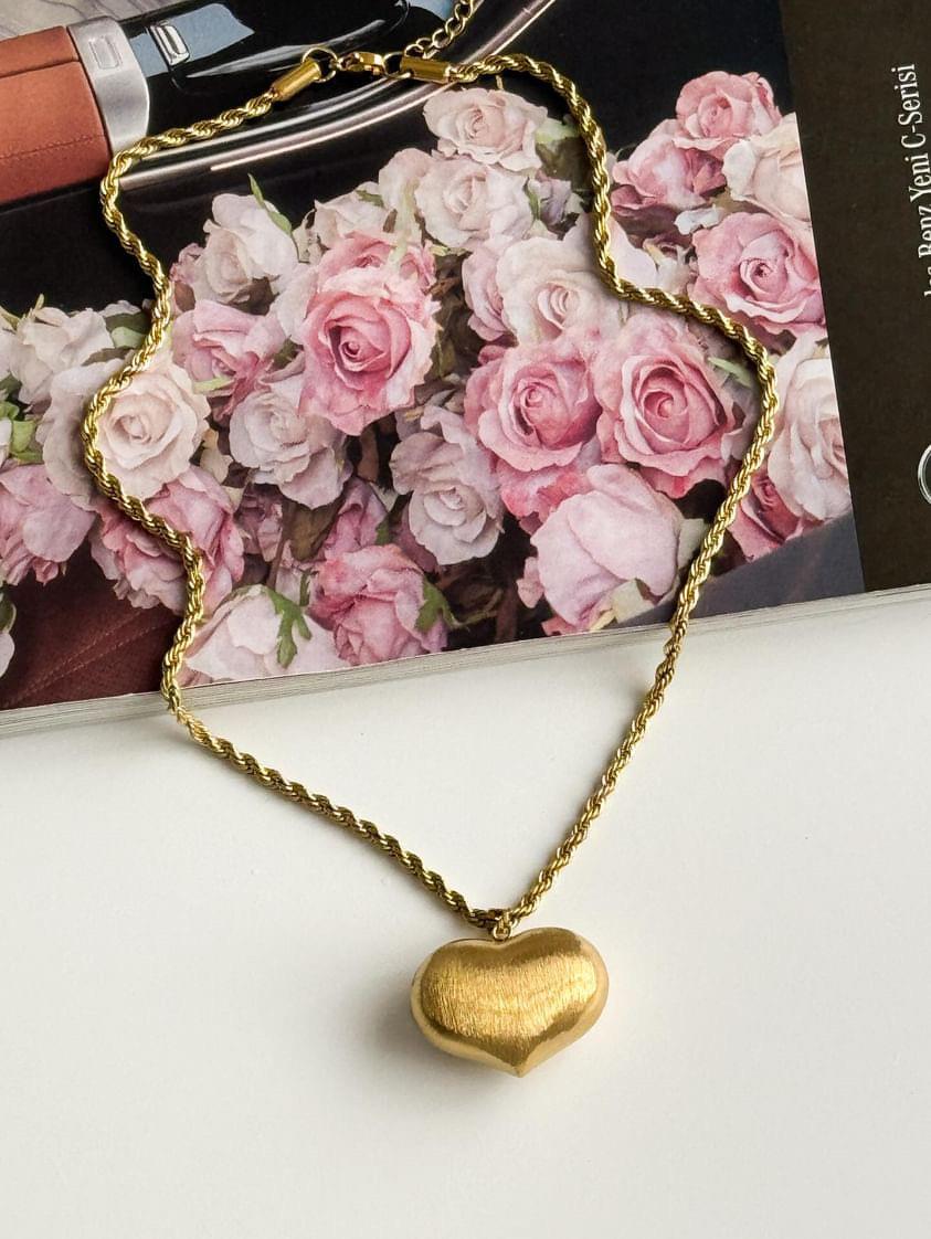 Çelik Gold Burgu Halat Bombeli Kalp Kolye (45 Cm)